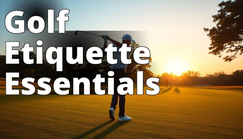 Golfer swinging a club on a course at sunset with text overlay: "Golf Etiquette Essentials.