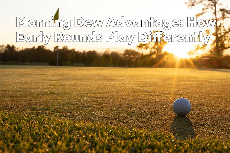 A golf ball on dewy grass with a flagstick in the distance at sunrise, capturing the serene beauty of a morning on the golf course.