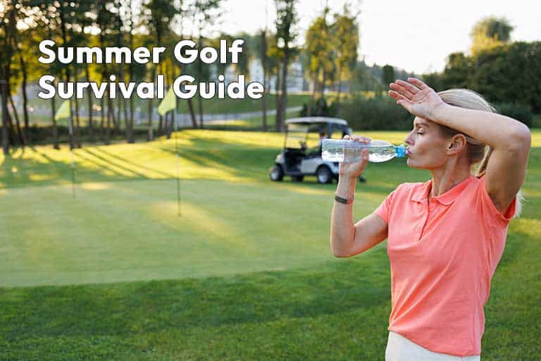A woman in a pink polo shirt drinks water while standing on a golf course, shielding her eyes from the sun. Text reads "Summer Golf Survival Guide"—your go-to tips for staying cool during summer golf.