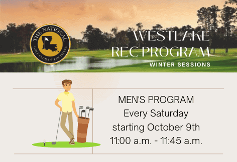 a flyer for a golf tournament with a man holding a club