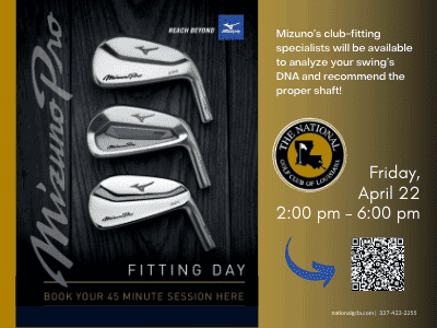 a flyer for a golf tournament featuring two irons