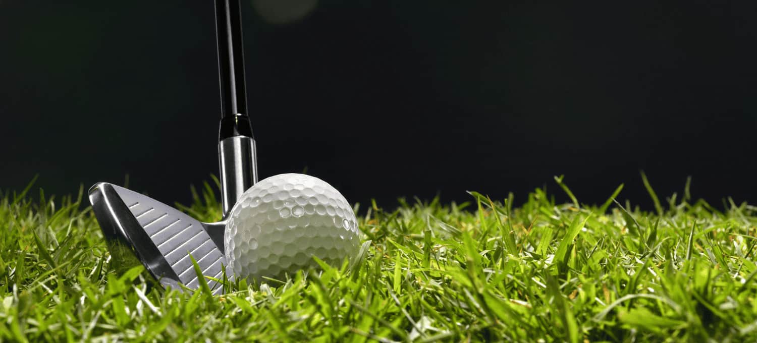 a golf ball and club in the grass