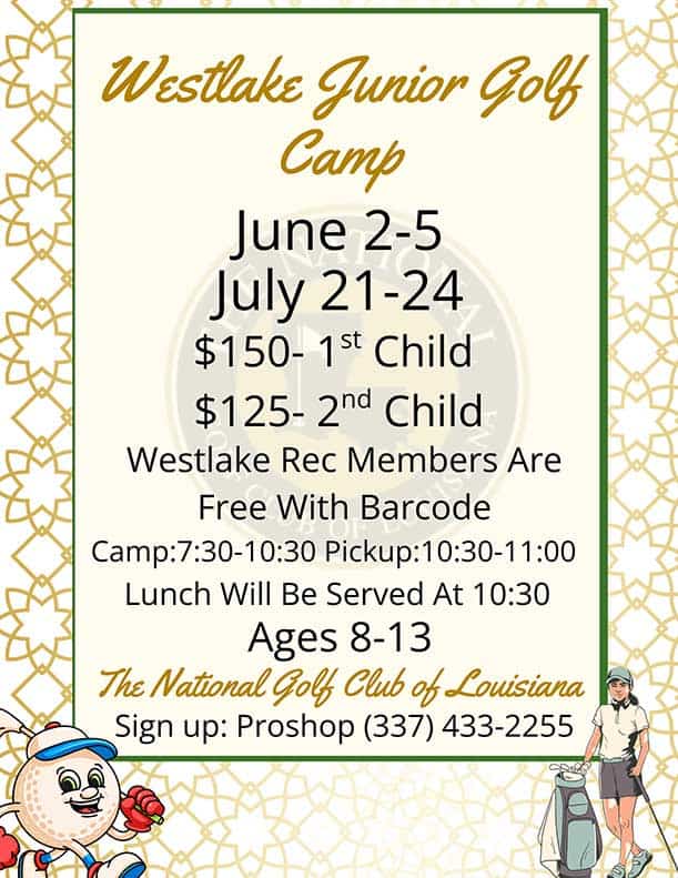 Flyer for Westlake Junior Golf Camp showing dates, prices, times, age range 8-13, and contact info for The National Golf Club of Louisiana. Decorated with golf-themed illustrations.