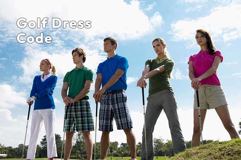 Four golfers adhering to the dress code stand confidently on a golf course.