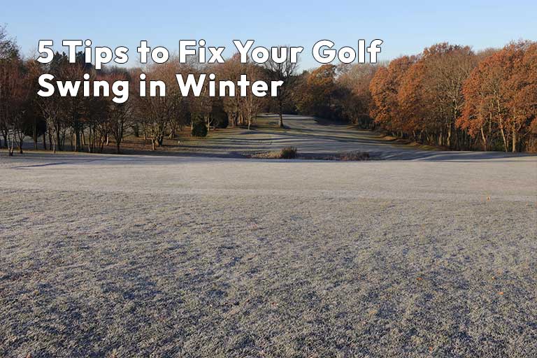 A frost-covered golf course stretches beneath the sky, where "5 Tips to Fix Your Golf Swing in Winter" floats among the trees.