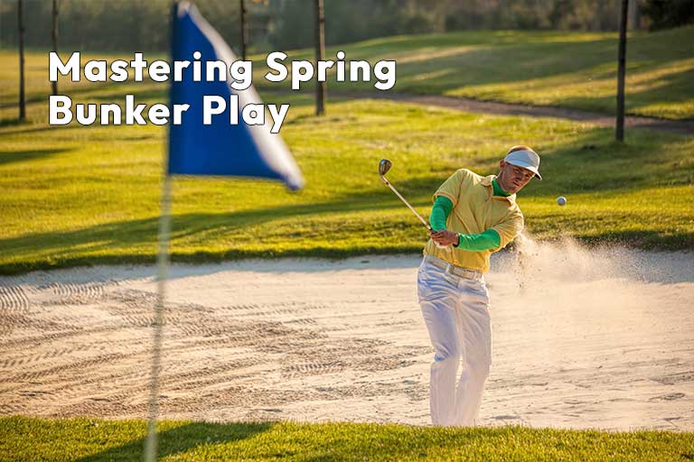 Golfer in yellow shirt and white pants hitting a sand shot near a blue flag on a sunny day.